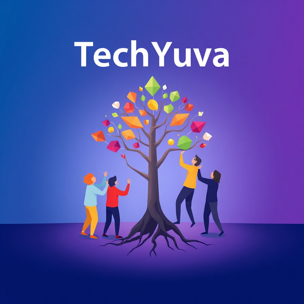 A stylized 4K resolution image representing the core values of TechYuva. Depict a diverse group of abstract figures collaboratively building a digital structure resembling a stylized tree. The tree's roots represent the foundational principles of software development, such as logic, algorithms, and data structures, while its branches symbolize innovation, creativity, and growth. The figures are composed of geometric shapes and vibrant colors, representing different skill sets and perspectives. The background is a minimalist gradient of blue and purple, creating a sense of depth and openness. Lighting should be soft and ethereal, highlighting the collaborative aspect of the scene. The overall style should be modern and optimistic, reflecting TechYuva's commitment to teamwork and continuous improvement. Reference artists: Olly Moss, minimalistic, vector illustration.