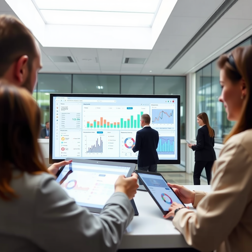 An image depicting a custom-built software solution. Show a sleek, modern interface displaying real-time data analytics, with users interacting with the system through tablets and interactive displays. The atmosphere is bright, clean, and professional, emphasizing efficiency and user-friendliness. Include subtle animations and data visualizations to highlight the software's capabilities.