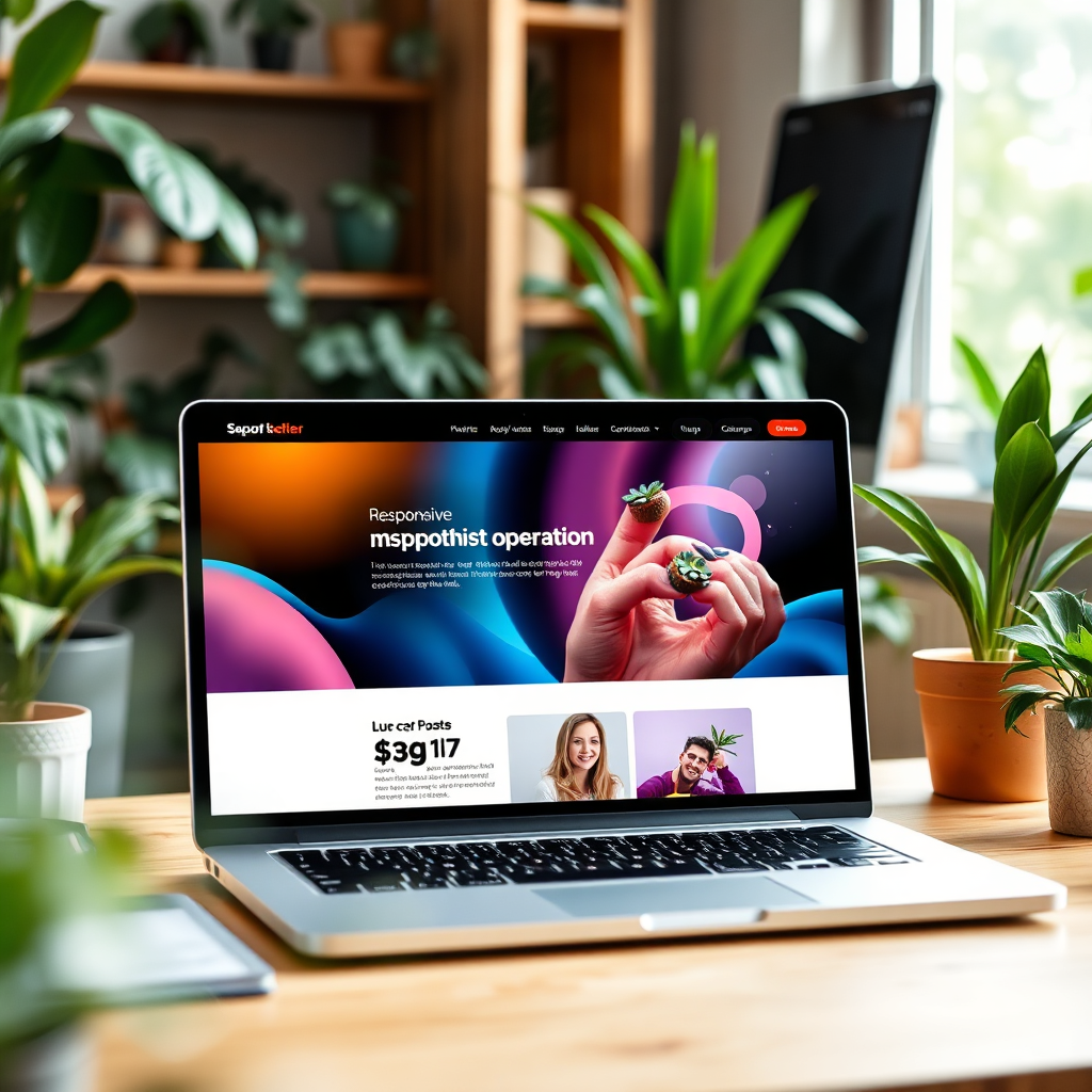 An image showcasing a vibrant and responsive web application. Display a laptop screen with the application running smoothly, seamlessly adapting to different screen sizes. The environment is a modern workspace filled with plants and natural light. The focus is on the application's user-friendly interface and its ability to deliver a seamless experience across devices.