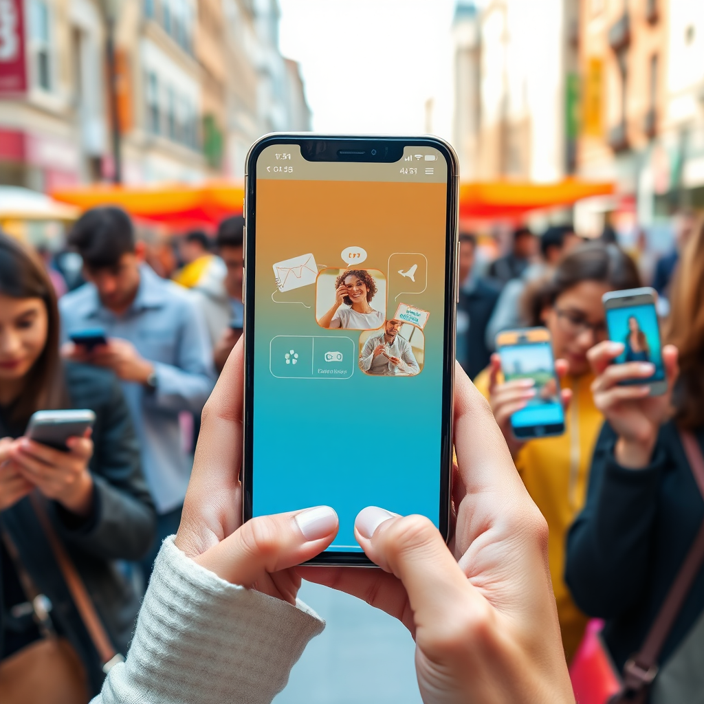 An image showcasing a visually appealing mobile application. The scene features a diverse group of people using smartphones with the application open. The environment is a vibrant urban setting, emphasizing the app's real-world usability and convenience. Focus on the app's intuitive design and its ability to connect users with valuable services.